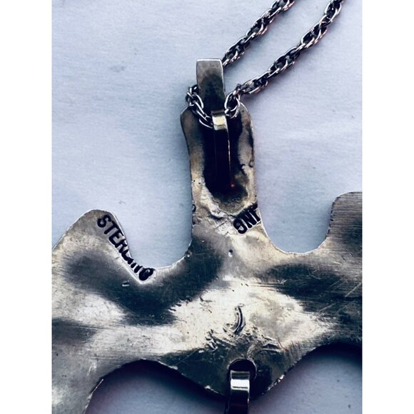 Vintage Sterling Silver Turquoise Inlay Thunderbird Pendant Necklace 10g, 16"in - Picture 6 of 11